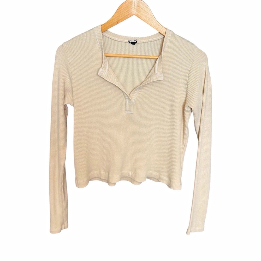 Monrow Cream Ribbed Henley Top Size S Supima Cotton Modal Classic Minimalist